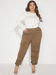 SHEIN SXY Plus Solid Ruched Sweatpants - Coffee Brown - View 4