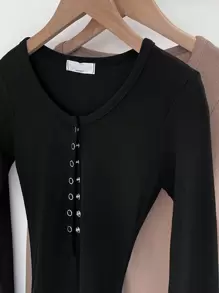 DAZY 纯色纽扣前身紧身连衣裙，秋季连衣裙长袖连衣裙 - 黑色 - 查看 4