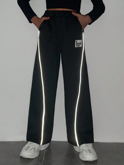 Tween Girl Letter Patched Reflective Contrast Piping Sweatpants