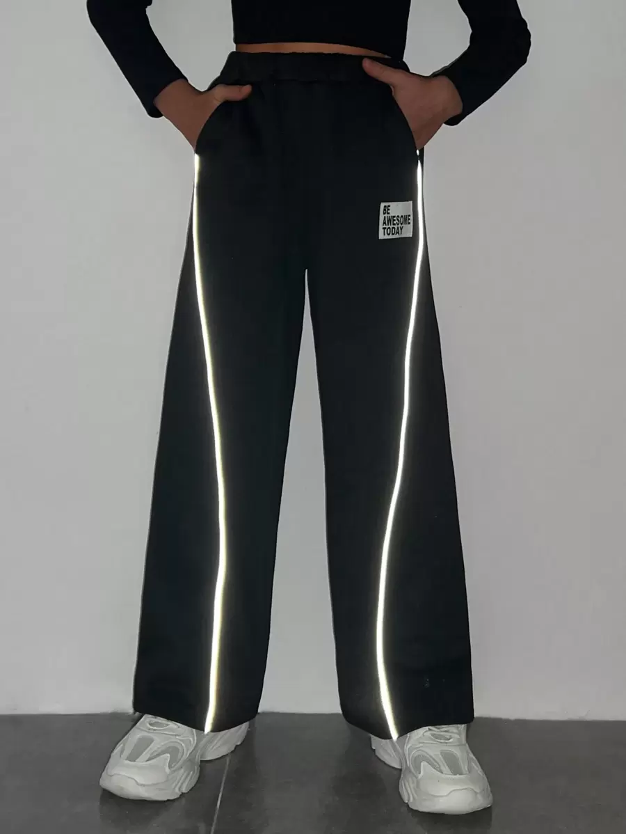 Tween Girl Letter Patched Reflective Contrast Piping Sweatpants - Black - View 1