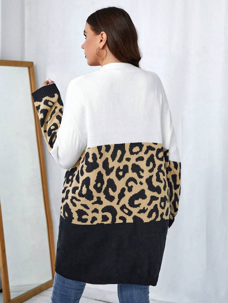 Plus Size Leopard Pattern Colorblock Drop Shoulder Cardigan