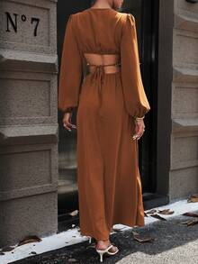 SHEIN Clasi Cổ Lao Vòng liên Cắt bỏ eo Tách đùi Đầm - màu nâu - Xem 2