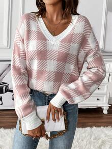 SHEIN Unity Buffalo Plaid Pattern Drop Shoulder Knit Pullover Fall Winter Sweater - Pink - View 4