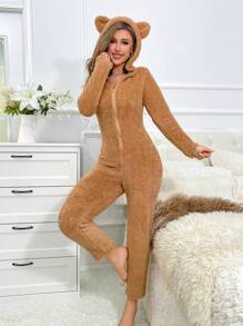 3D Ear Design Hooded Zipper Front Flannel Sleep Jumpsuit - Coffee Brown - View 3