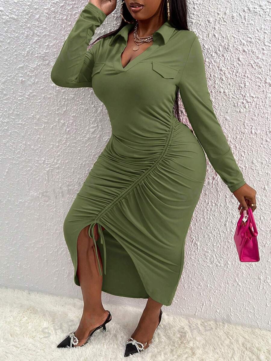 Slaydiva Talla grande Vestido ajustado con cordón delantero con diseño de solapa bajo asimétrico