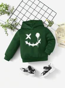 SHEIN Áo nỉ in hình biểu cảm của bé gái - Màu xanh lá cây đậm - Xem 1