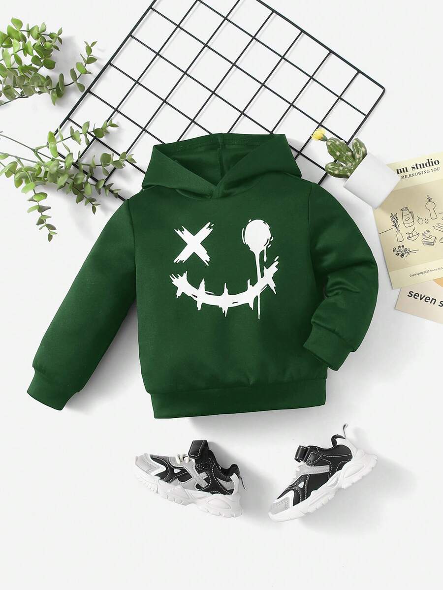 SHEIN Áo nỉ in hình biểu cảm của bé gái - Màu xanh lá cây đậm - Xem 1