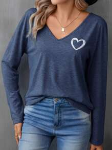 SHEIN LUNE Heart Print Drop Shoulder Tee,Casual - Navy Blue - View 6