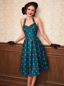 SHEIN DECDS 波點圖案繞頸露背洋裝 - 藍色 - 查看 5