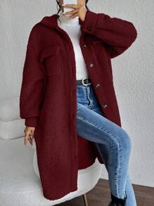 Chiquease Drop Shoulder Flap Detail Teddy Coat - Burgundy - View 6