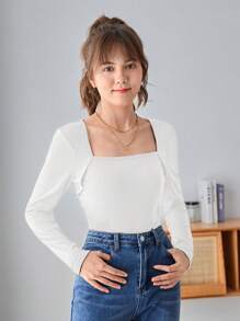SHEIN Teen Girl Square Neck Solid Tee - White - View 4
