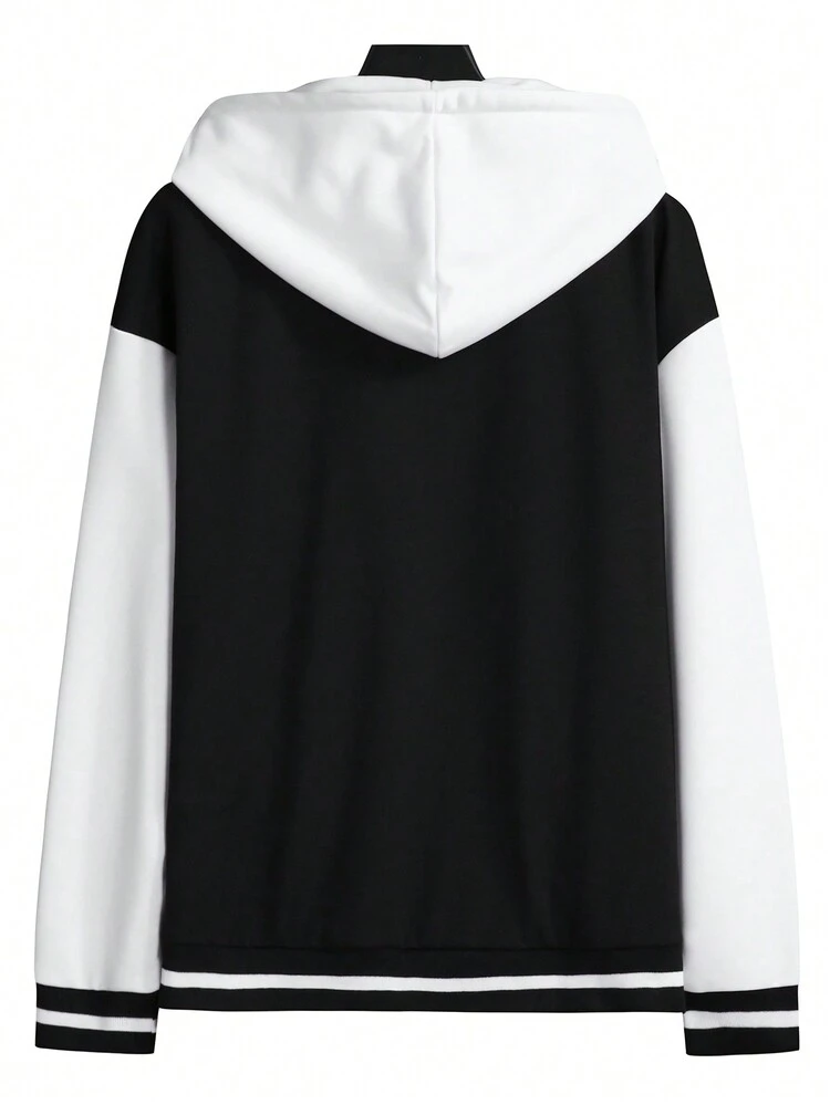 Loose Fit Men's Button Up Hooded Jacket With Drawstring