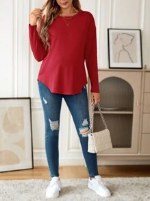 SHEIN 孕婦落肩袖弧形下擺T恤 - 酒紅色 - 查看 6