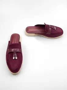 Fall/Winter Women's Comfortable Casual Style Burgundy Velvet Round Toe Flat Loafers,Mule - Burgundy - View 5