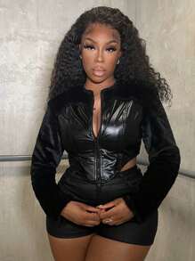 Slaydiva Asymmetrical Hem Contrast Patent Fuzzy Coat - Black - View 2