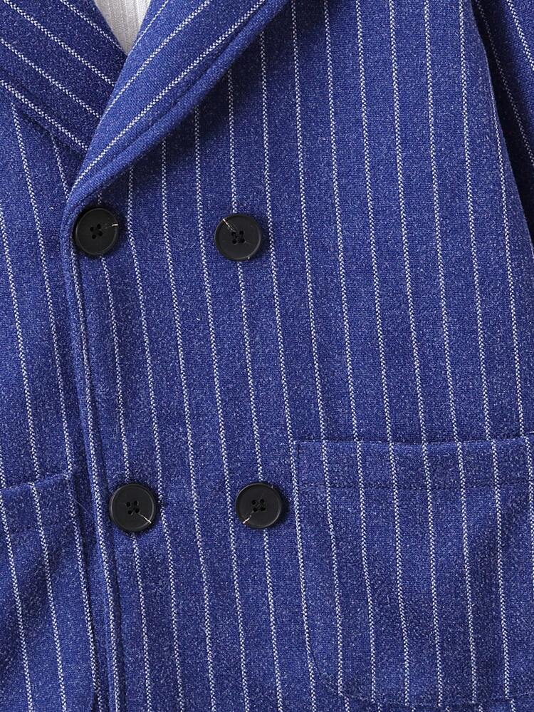 Young Boy 1pc Vertical Striped Dual Pocket Double Breasted Overcoat