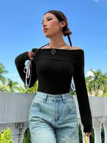 SHEIN Unity Off Shoulder Foldover Knit Pullover Fall Winter Sweater - Black - View 5
