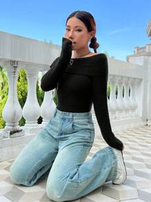 SHEIN Unity Off Shoulder Foldover Knit Pullover Fall Winter Sweater - Black - View 7