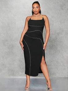 SHEIN BAE 大碼水鑽細節高衩吊帶洋裝 - 黑色 - 查看 1
