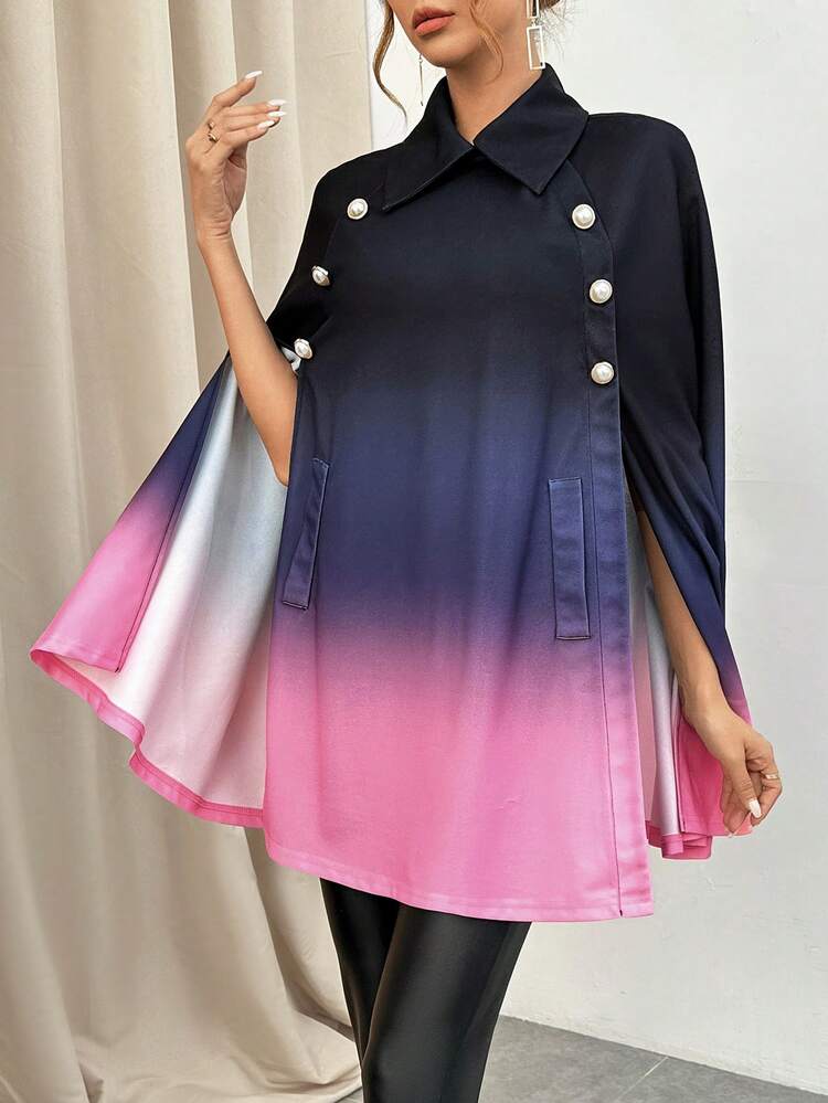 Ombre Double Breasted Cloak Sleeve Cape Coat