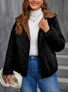 SHEIN LUNE 大碼毛絨內襯連帽絎縫外套 - 黑色 - 查看 1