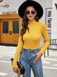 SHEIN Clasi Mock Neck Ribbed Knit Tee - Ginger - View 3