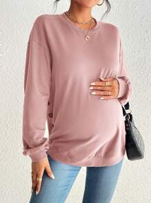 SHEIN 孕婦側邊紐扣落肩袖運動衫 - 粉色 - 查看 3