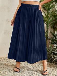 SHEIN Holidaya Hơn Chất rắn Xếp li Quần ống rộng - Màu xanh hải quân - Xem 3