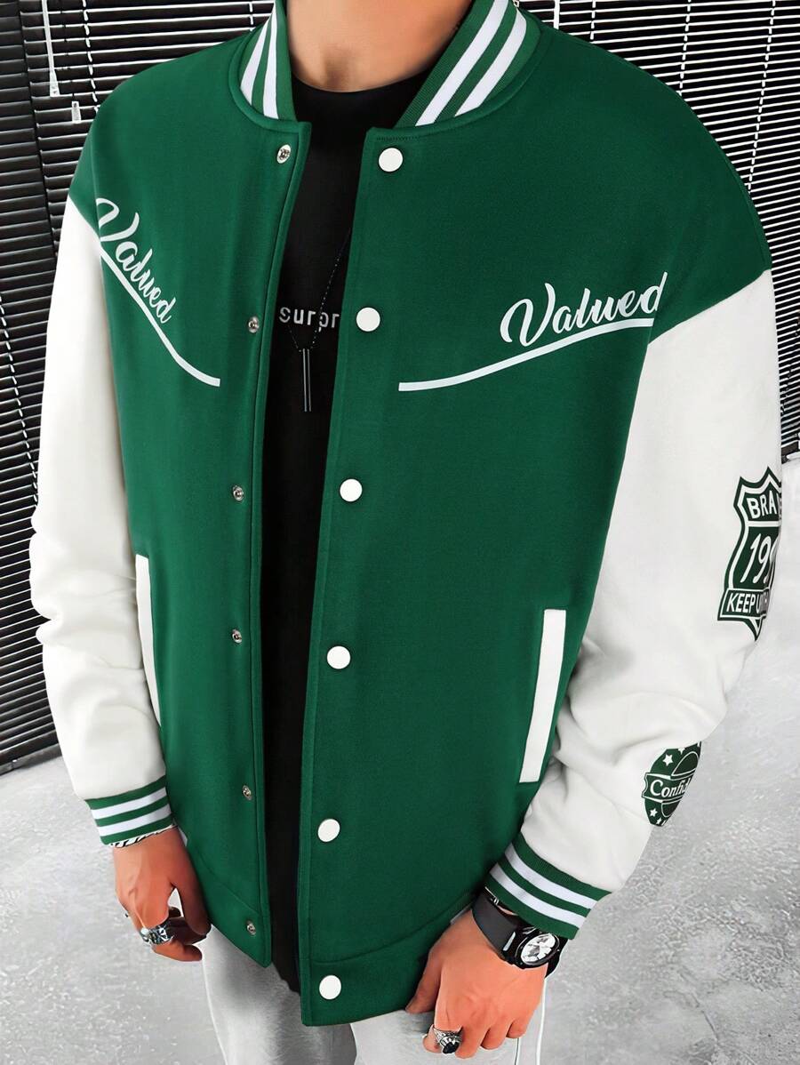 Manfinity Hypemode Nam Lỏng lẻo phù hợp Lá thư In Nút lên Áo khoác - màu xanh lá - Xem 1