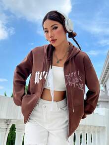 SHEIN Unity 女式休闲时尚街头字母印花落肩宽松拉链抽绳连帽羊毛运动衫，秋冬 - 棕色 - 查看 4