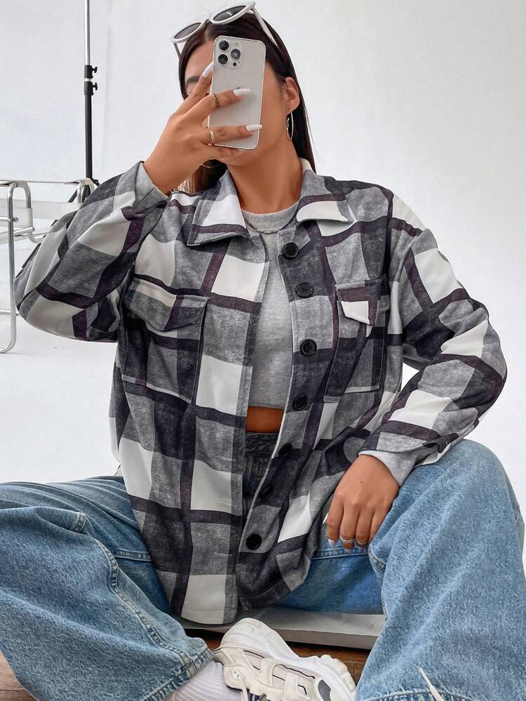 Plus Plaid Print Drop Shoulder Overcoat Fall Cloth For Women