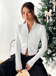 Muchica 女士休闲纯色立领短款外套，秋季 - 白色 - 查看 6