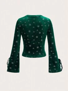 SHEIN Clasi Snowflake Print Knot Cuff Tee - Green - View 6