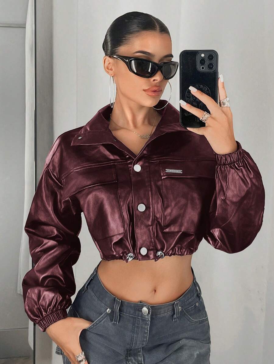 SHEIN ICON 翻蓋口袋抽繩下擺短夾克 - 酒紅色 - 查看 1