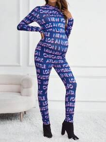 SHEIN Maternity Allover Letter Graphic Mock Neck Unitard Jumpsuit - Purple - View 4