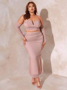 SHEIN SXY Plus Off Shoulder Ruched Mesh Top & Skirt - Dusty Pink - View 3