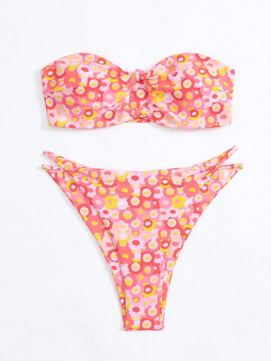 Swim Mod Women's All Over Floral Print Twist Front Bikini Set - Multicolor - View 1