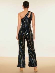 SHEIN BAE 聖誕單肩鏤空亮片喇叭連身褲 - 彩色 - 查看 3