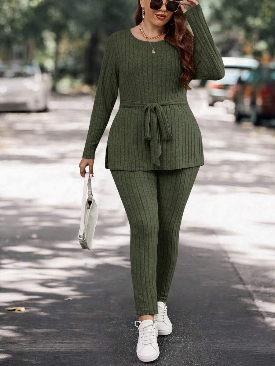 SHEIN LUNE Plus Split Hem Belted Tee & Leggings - Army Green - View 1