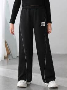 Tween Girl Letter Patched Reflective Contrast Piping Sweatpants - Black - View 3