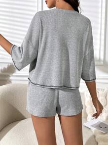 落肩明线腰结饰休闲套装