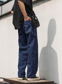 Manfinity Men Slant Pocket Straight Leg Jeans Without Belt - Dark Wash - View 2