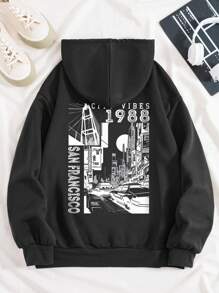 SHEIN EZwear 汽車和字母圖案抽繩加絨內裏連帽衫 - 黑色 - 查看 1