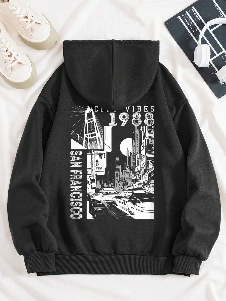 SHEIN EZwear 汽車和字母圖案抽繩加絨內裏連帽衫 - 黑色 - 查看 1