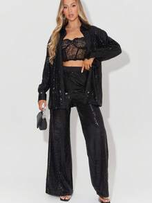 UNIQUE21 Sequin Wide Leg Pants - Black - View 4
