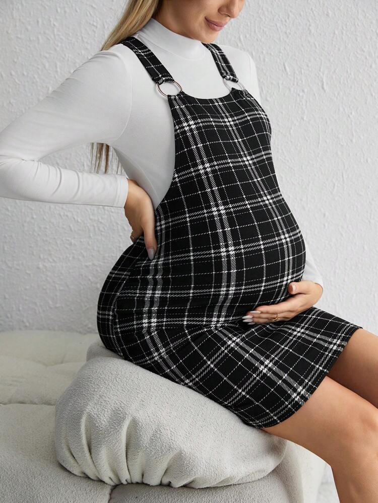 Maternity Mock Neck Tee & Plaid Overall Dress