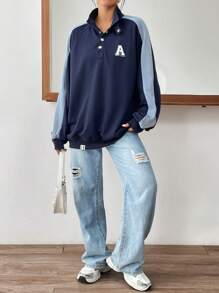 SHEIN EZwear Letter Patched Detail Contrast Side Seam Raglan Sleeve Sweatshirt - Navy Blue - View 5