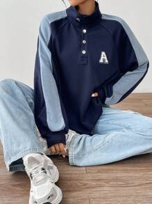 SHEIN EZwear Letter Patched Detail Contrast Side Seam Raglan Sleeve Sweatshirt - Navy Blue - View 6