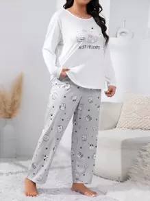 大码卡通印花长袖上衣和裤子睡衣套装，秋冬服装