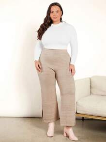 SHEIN BASICS 大碼下擺開叉毛衣褲子 - 卡其色 - 查看 4